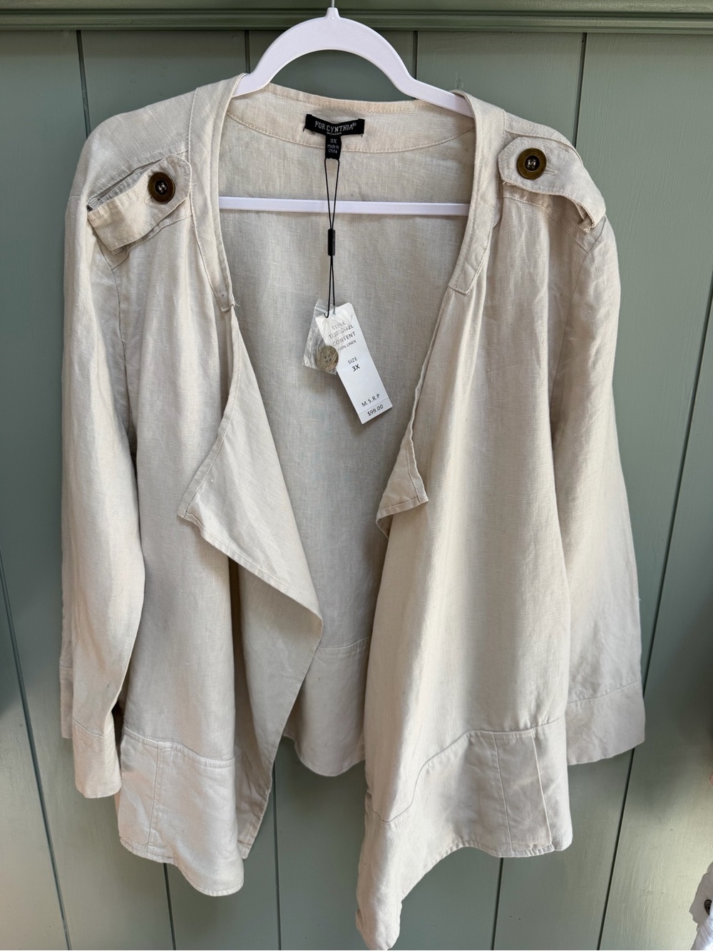 For Cynthia Neutral Cream Open Draped Linen Jacket